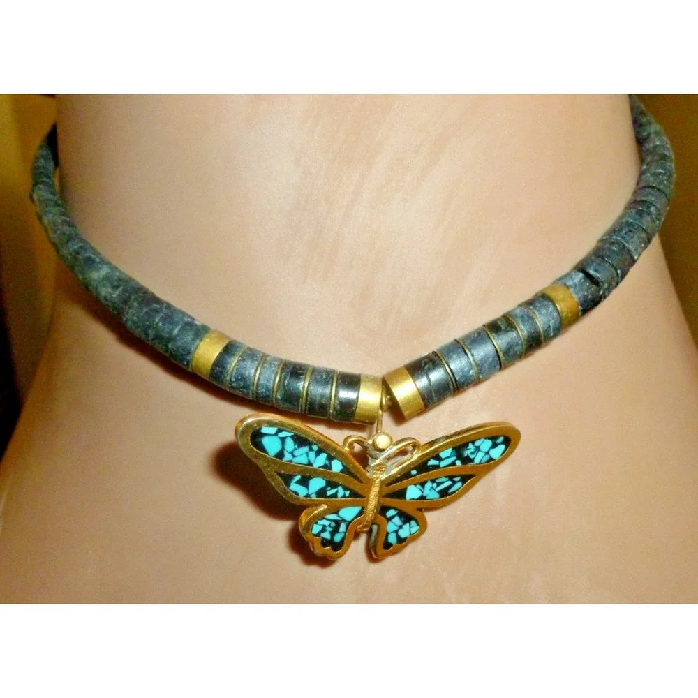 Vintage Southwestern Turquoise Inlay Butterfly Heishe Bead Choker Necklace Black
